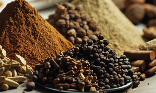 Aromatic Spices and Powder Mounds in an Indian Market