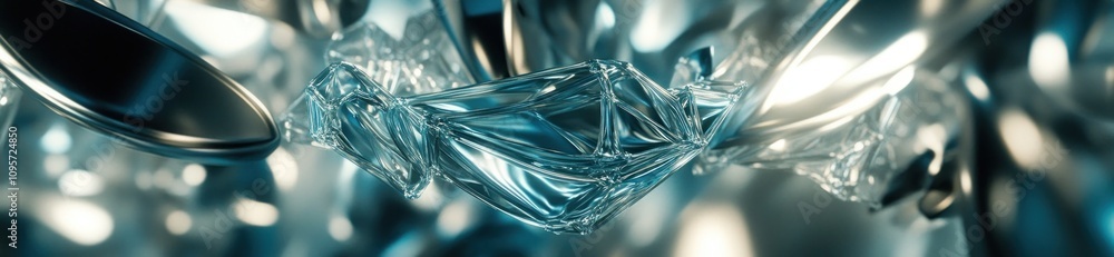 Poster a close-up of intertwined metallic and transparent elements, showcasing texture and reflection.