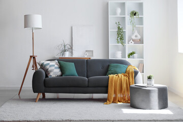 Cozy sofa, pouf and floor lamp in interior of living room