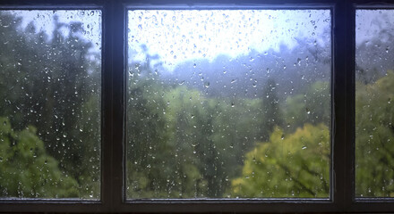 Naklejka premium 雨の降る山・山林・森林の風景 ガラス窓についた雨粒 滴のついたガラス窓に透ける緑の風景 霧の立ち込める山肌 アウトドア・キャンプの背景イメージ