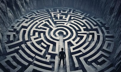A solitary figure faces the intricate pathways of a maze.