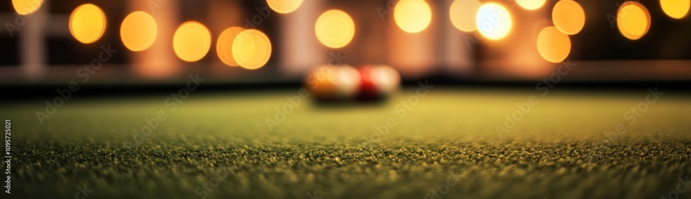 Poster A close-up view of a pool table with blurred balls and warm background lights.