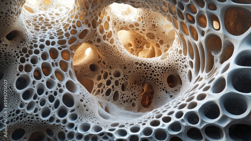 Poster abstract representation of intricate, organic structures resembling cellular formations.