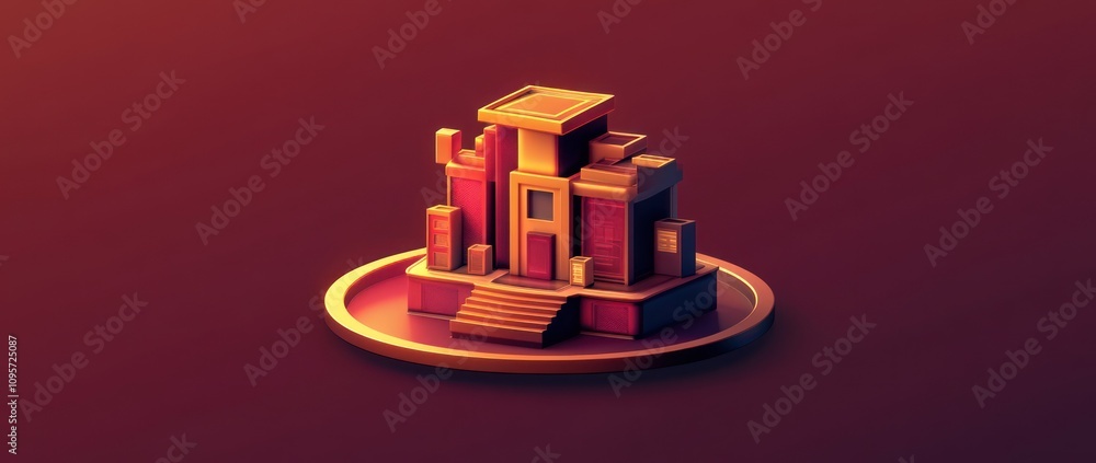 Leinwandbilder a stylized 3d representation of a small architectural structure on a circular base.