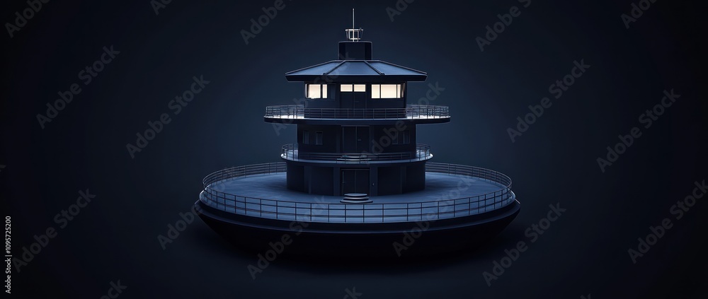 Poster A modern lighthouse structure with multiple levels, illuminated windows, and a circular base.