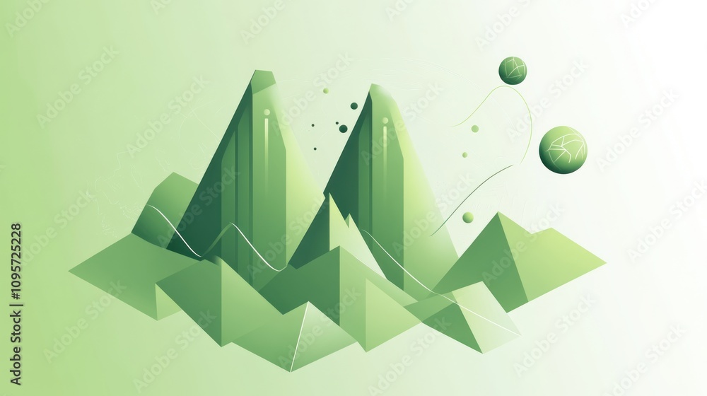 Poster abstract green mountain landscape with geometric shapes and floating elements.