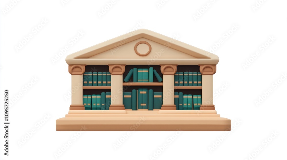 Poster A stylized library building with columns and bookshelves, symbolizing knowledge and learning.