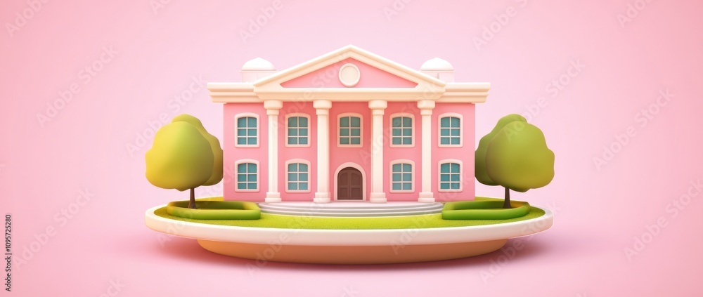 Poster A whimsical pink building with trees on a circular base, evoking charm and playfulness.