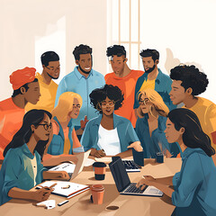 create an illustration of a group of diverse people gathered around a table they should be engaged