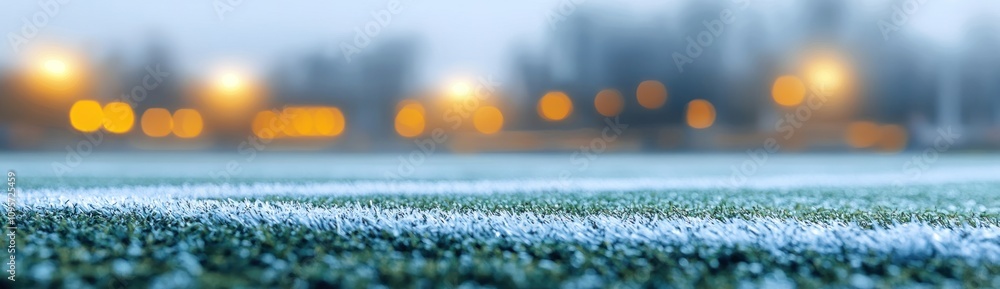 Poster a foggy sports field with frosted grass and blurred lights in the background.