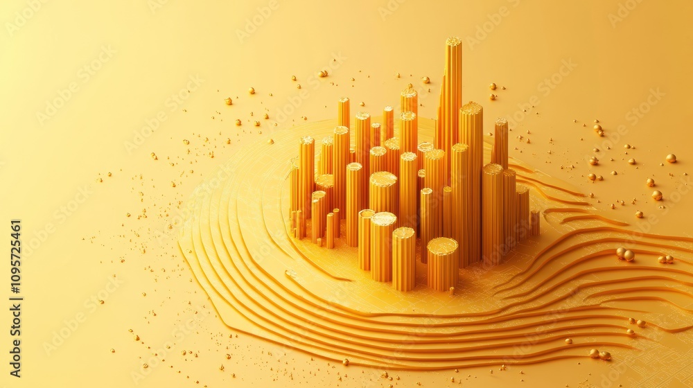 Poster a stylized cityscape made of yellow structures on a textured yellow background.