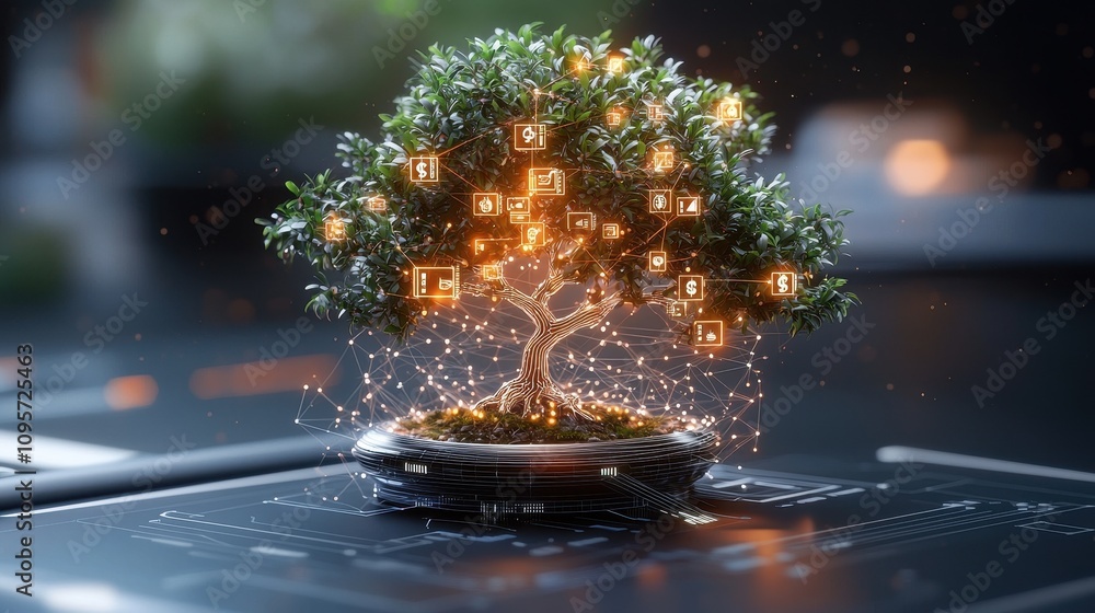 Poster digital tree of knowledge with icons representing growth, technology, and connection in a futuristic