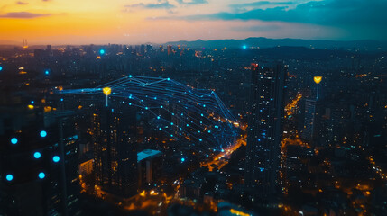 Obraz premium Smart digital Innovation city with connection network reciprocity over the cityscape. of future smart wireless digital city and social media networking systems that connects people with in city