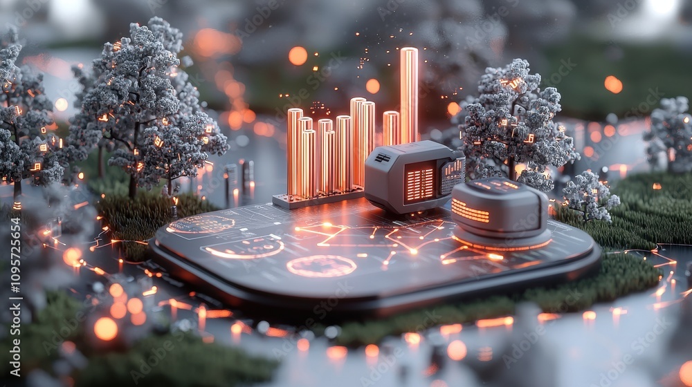 Poster futuristic data center in a digital landscape with glowing visualizations, trees, and high-tech elem