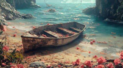 Fototapeta premium A weathered boat rests on a flower-strewn beach by tranquil waters, evoking serenity.