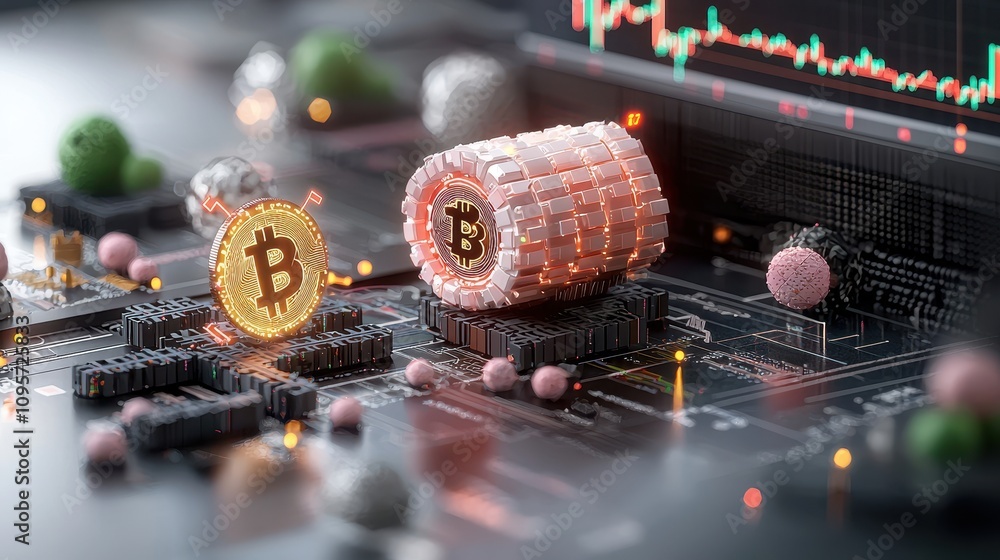 Aufkleber digital representation of bitcoin cryptocurrency surrounded by abstract elements and market data cha