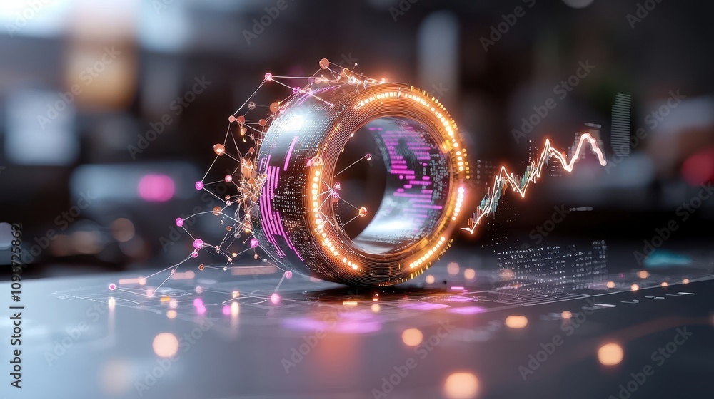 Poster abstract digital ring with glowing particles and data visualization, representing technology, innova
