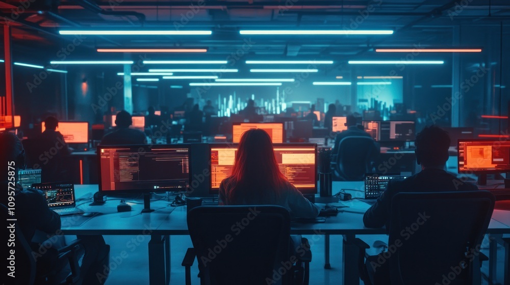 Aufkleber A dimly lit office with individuals working at computers, illuminated by colorful lights.
