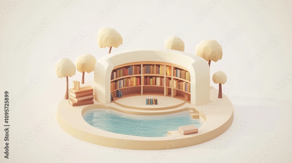 Poster a whimsical library scene with books, a pool, and stylized trees for relaxation and reading.