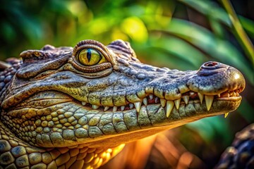 Fototapeta premium Stunning High Depth of Field Capture of a Crocodile's Head Showcasing Textures, Colors, and Natural Habitat for Wildlife and Nature Photography Enthusiasts