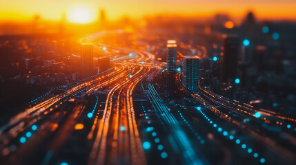 Fototapeta premium Smart digital Innovation city with connection network reciprocity over the cityscape. of future smart wireless digital city and social media networking systems that connects people with in city