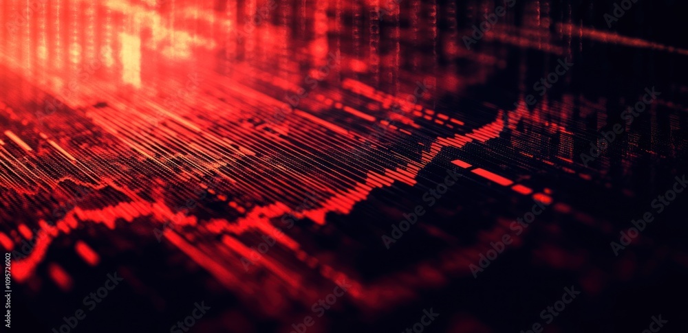 Poster a digital visualization of fluctuating data trends in red hues.