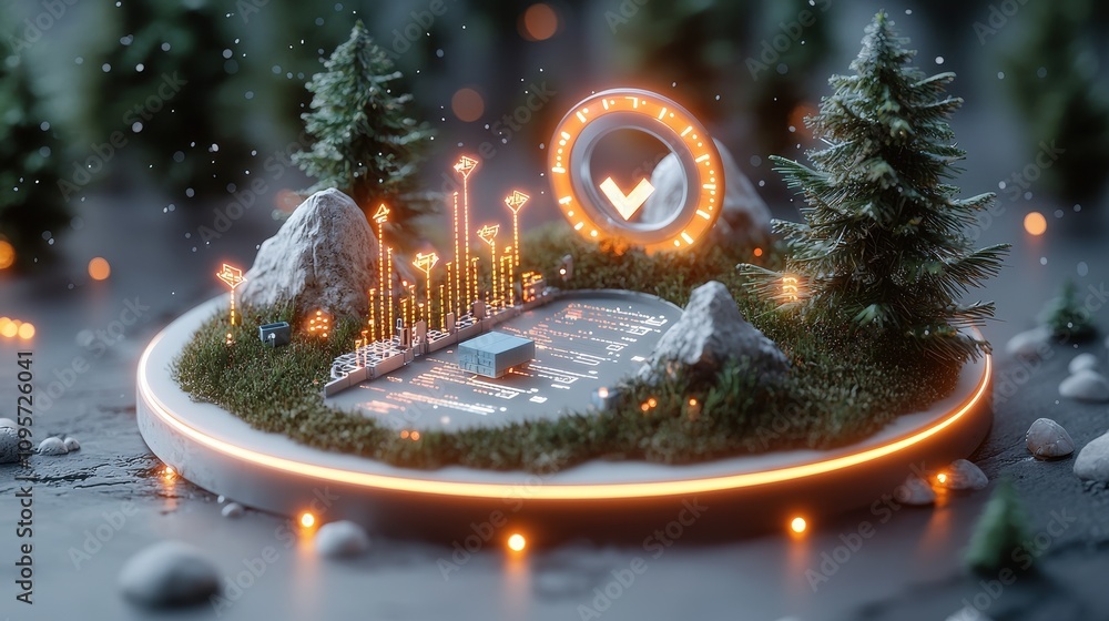 Poster enchanted landscape with data visualization elements and glowing metrics for digital growth and natu