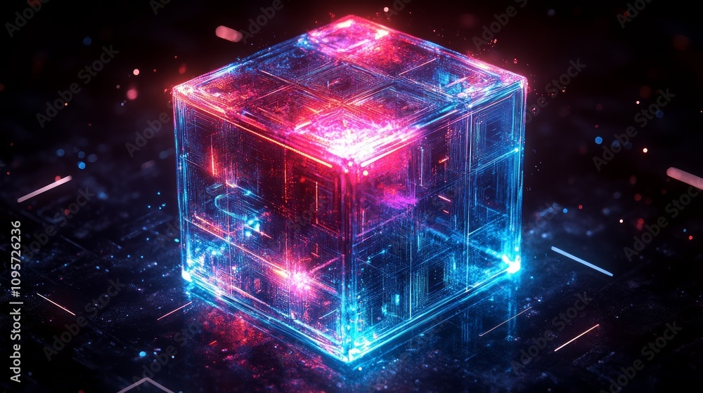 Poster glowing red and blue cube with internal circuitry on dark surface.