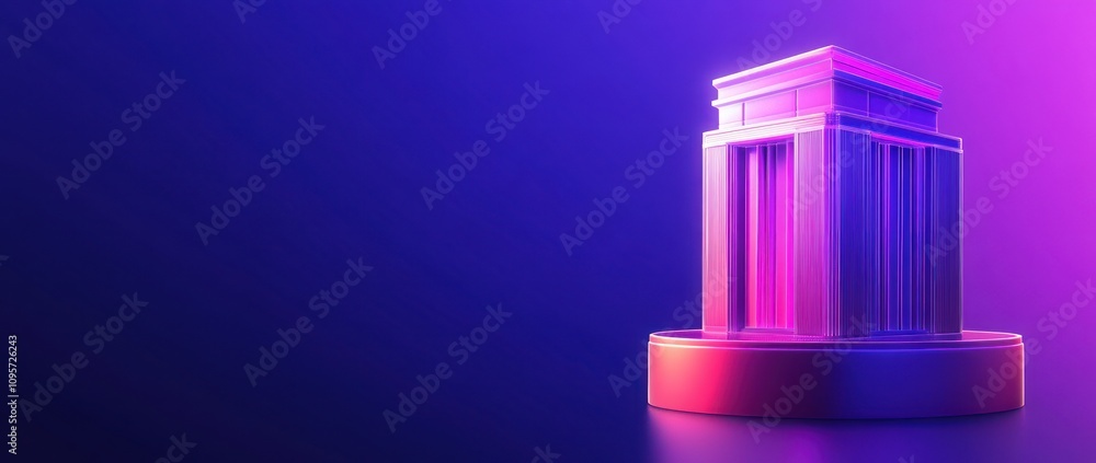 Poster A stylized, illuminated architectural structure on a circular base with a gradient background.