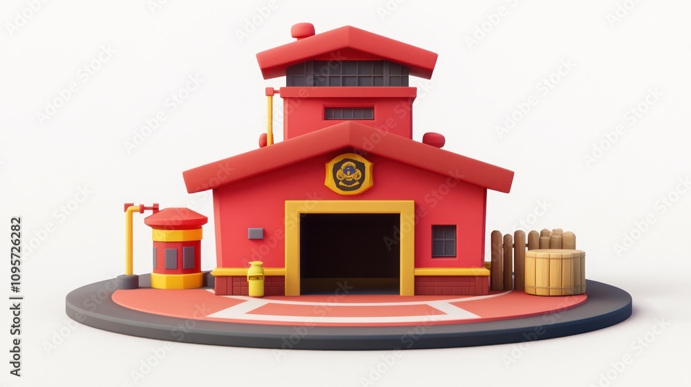 Poster A stylized red building resembling a fire station with a round base and various features.