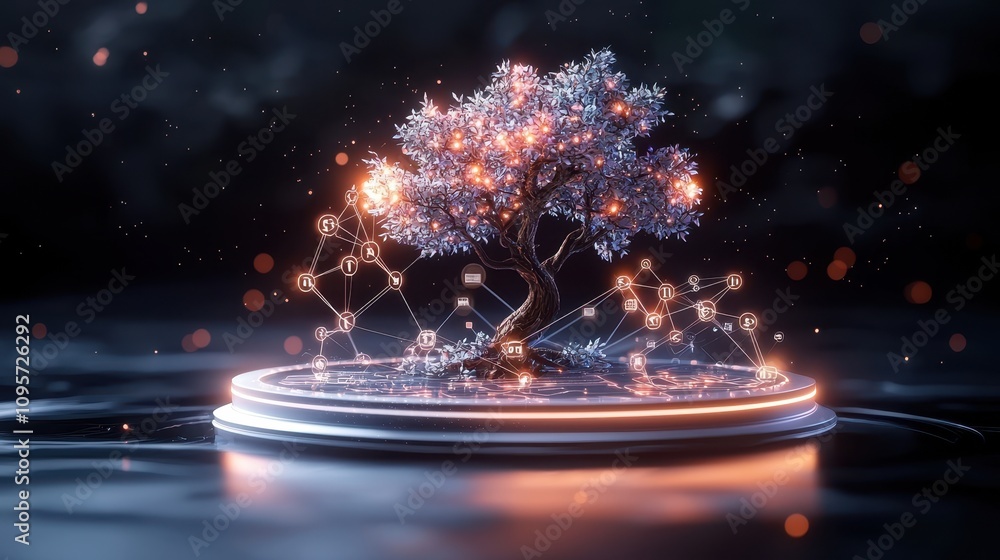 Poster futuristic digital tree model with glowing nodes on a reflective surface surrounded by a mysterious 