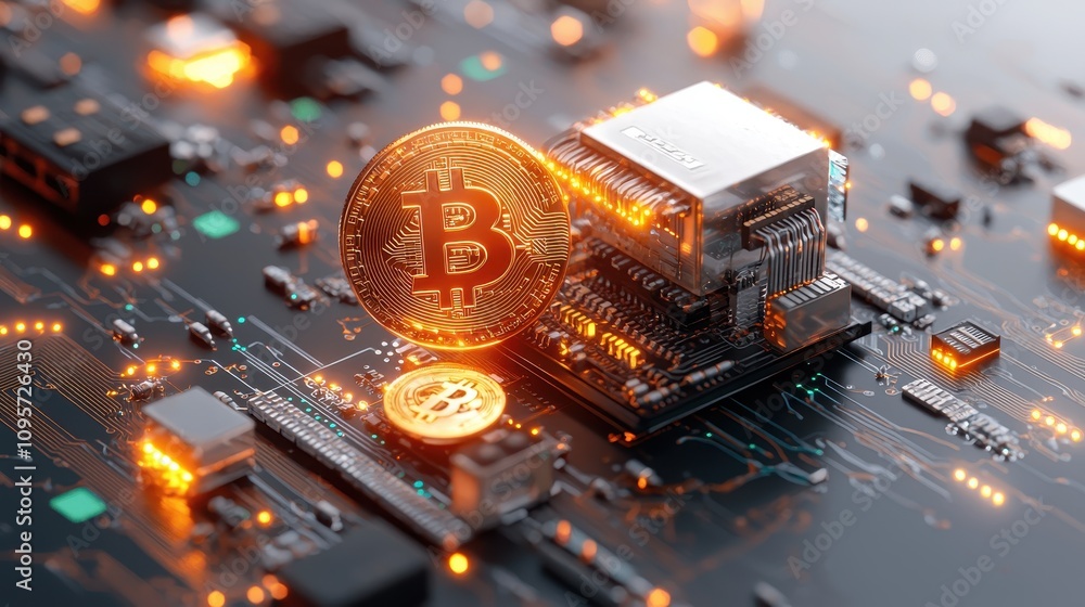 Aufkleber golden bitcoin coin on computer circuit board with sparkling lights representing cryptocurrency tech