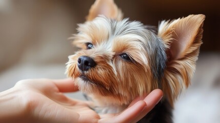 Small dog enjoys gentle petting from a caring hand in a cozy indoor setting