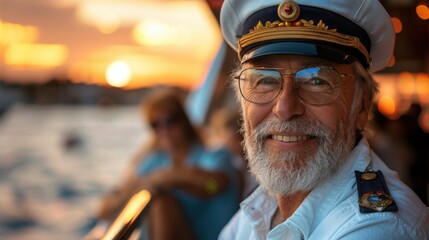 Smiling man in sailor's hat and glasses on a boat