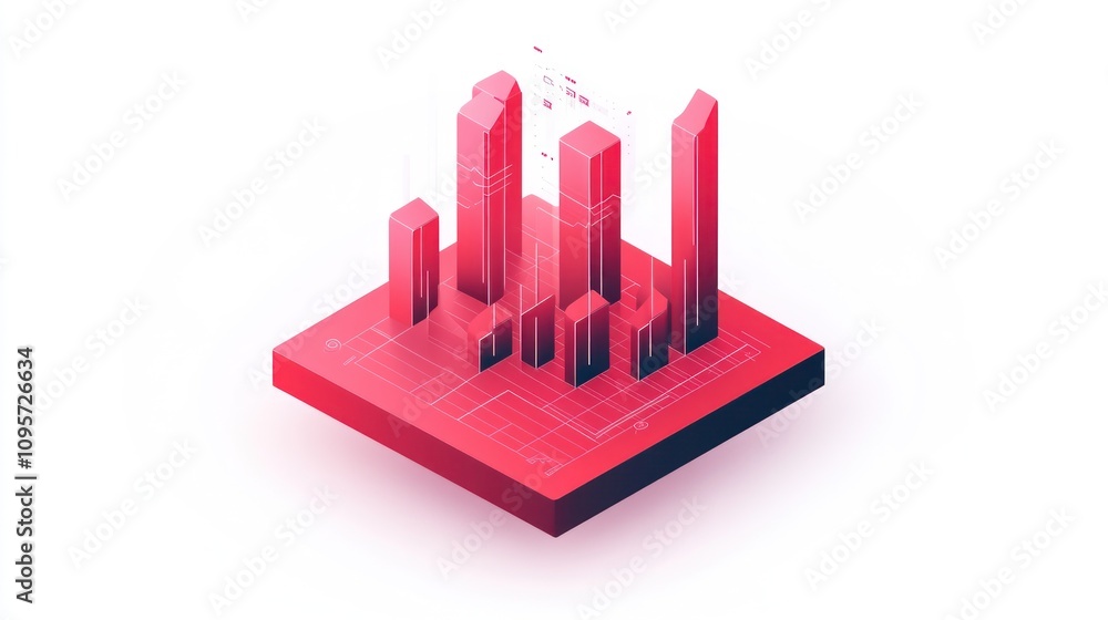 Poster a stylized 3d representation of a cityscape with geometric buildings on a grid base.
