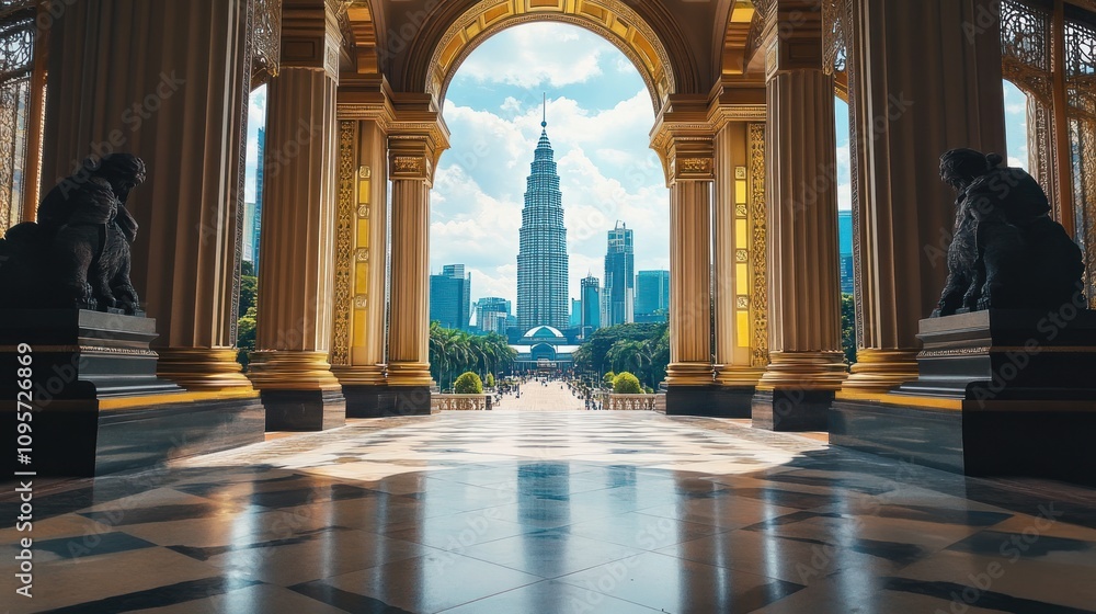 Poster a grand architectural view framed by columns, showcasing a city skyline in the distance.