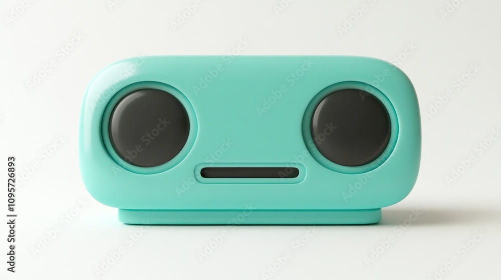 Poster a turquoise speaker with two black circular speakers and a minimalist design.