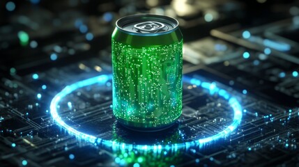 Green aluminum can on futuristic circuit board with glowing ring.