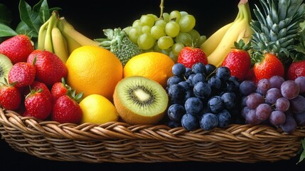 Assorted fresh fruits in a wicker basket on a black background