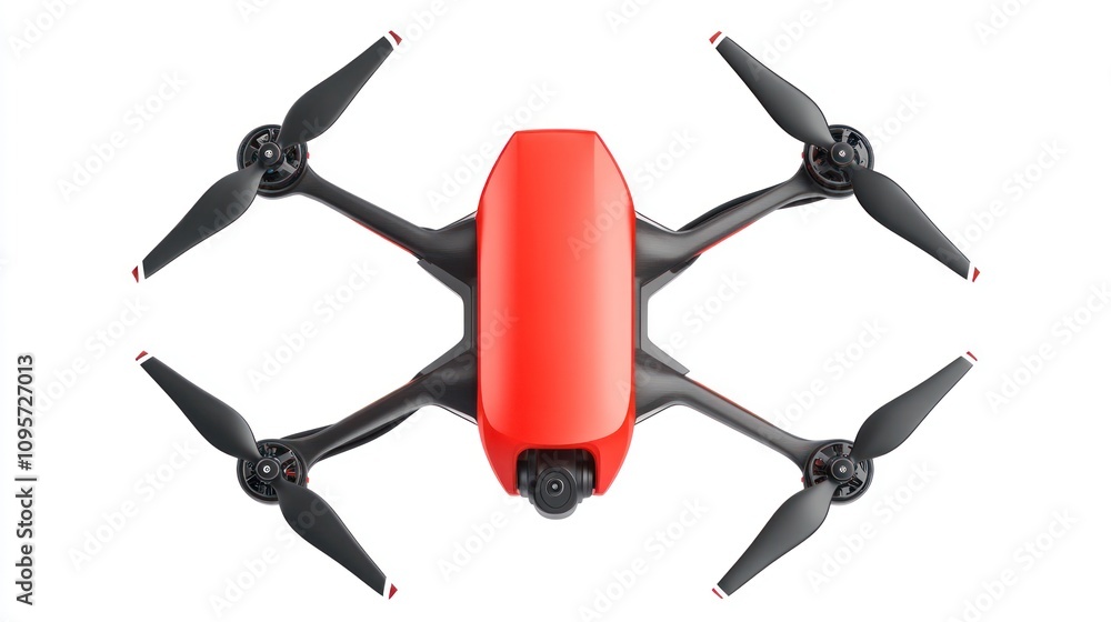 Poster A top-down view of a red drone with four propellers and a camera.