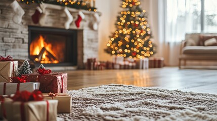 Cozy living room with a fireplace, decorated illuminated Christmas tree, garland lights and colourful gift boxes