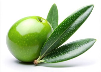 Single Fresh Olive with Leaf on White Background - Nature, Food, Healthy Lifestyle, Organic, Olive Oil, Green Olive, Culinary, Vegetarian, Mediterranean