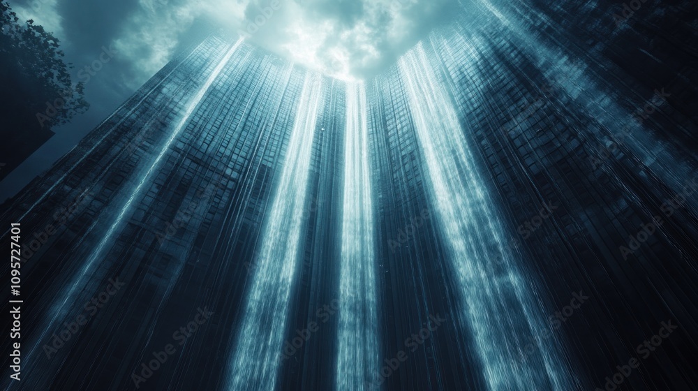 Aufkleber a futuristic cityscape with towering structures and cascading light effects.