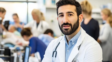 Obraz premium Healthcare professional engaging with patients hospital environment medical care collaborative atmosphere professional insight