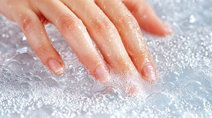 Fototapeta premium A close-up of a hand gently touching bubbly foam, creating a serene and refreshing atmosphere.