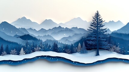 Fototapeta premium Abstract winter background, Paper Cuttings design is adopted to show snow, larch and snow covered mountains, bright and soft white tone, create a quiet winter atmosphere, and reserve blank space.