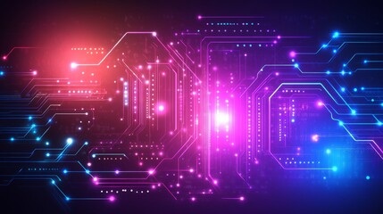 A futuristic digital background with abstract neon lights and circuit-like patterns glowing in shades of electric blue, purple, and pink, giving the design a tech-savvy