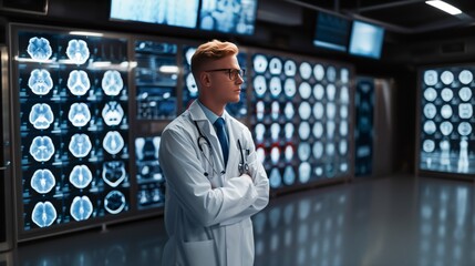 Fototapeta premium A doctor is analyzing brain scans in a sophisticated medical center with advanced technology