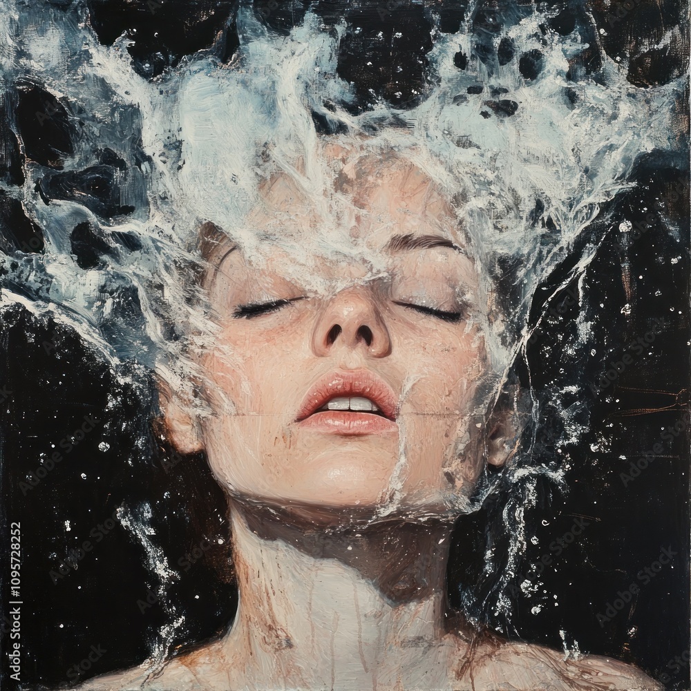 Poster a serene portrait of a woman submerged in water, with splashes creating a dynamic effect.