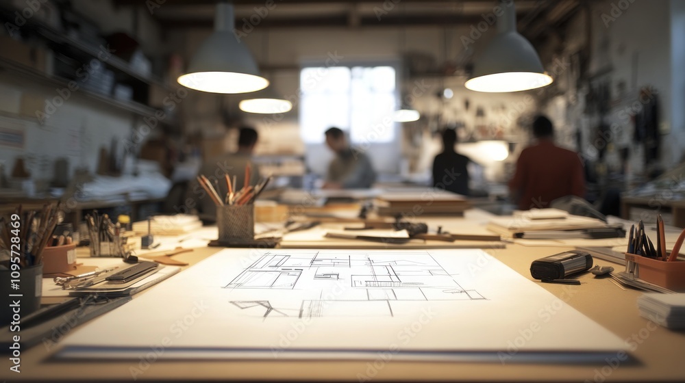 Poster a creative workspace filled with tools and sketches, highlighting artistic collaboration.